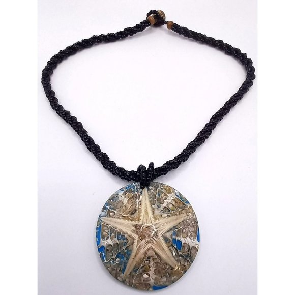 Beach Vibe Starfish Shells 3D‎ Medallion Black Seed Bead Twisted Strand Necklace - Picture 1 of 6